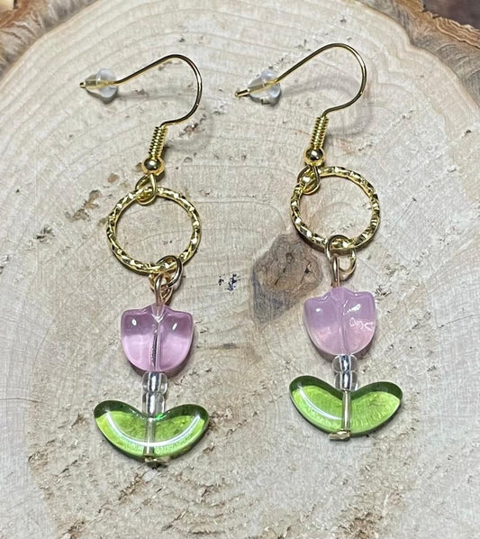 NEW Pink Glass Tulip Charm Earrings w/ Embossed Gold Jump Rings