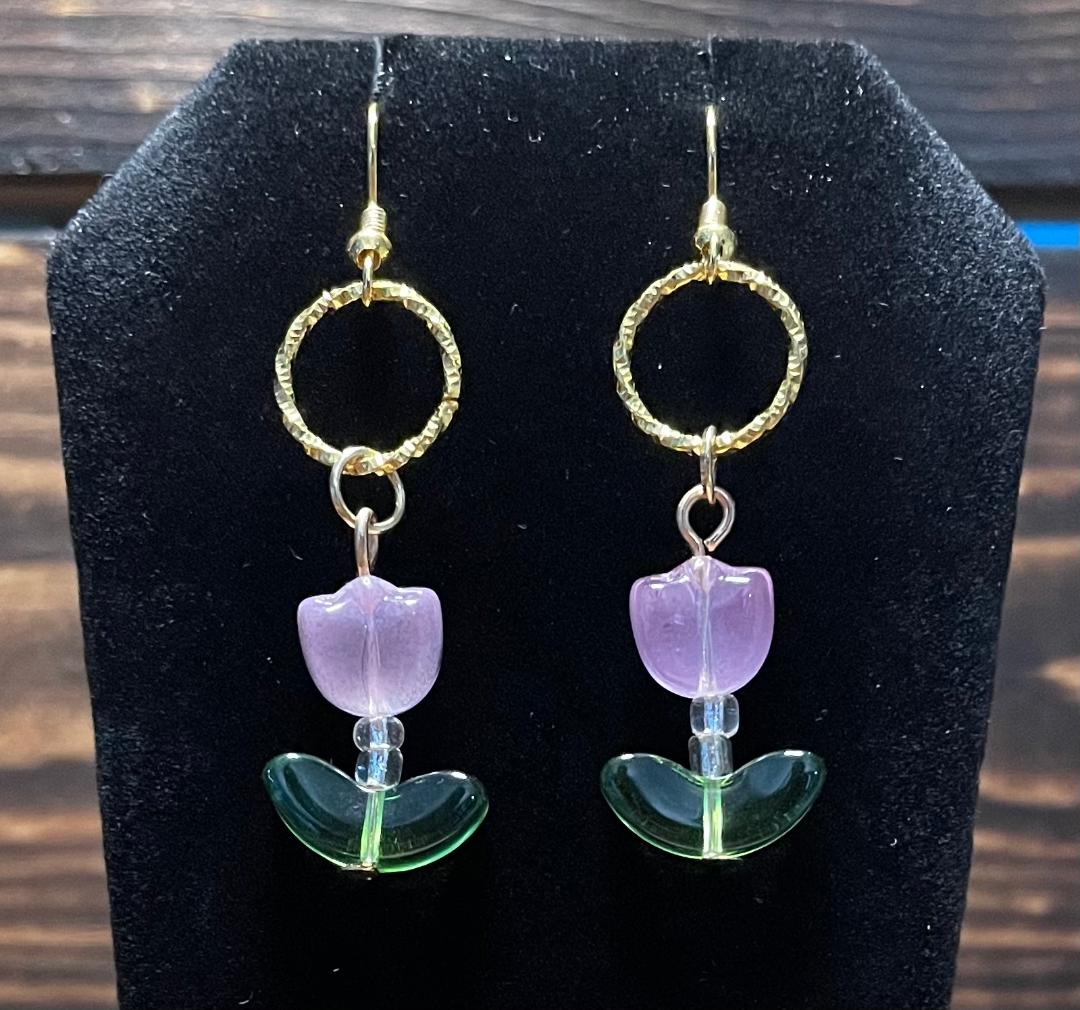 NEW Pink Glass Tulip Charm Earrings w/ Embossed Gold Jump Rings