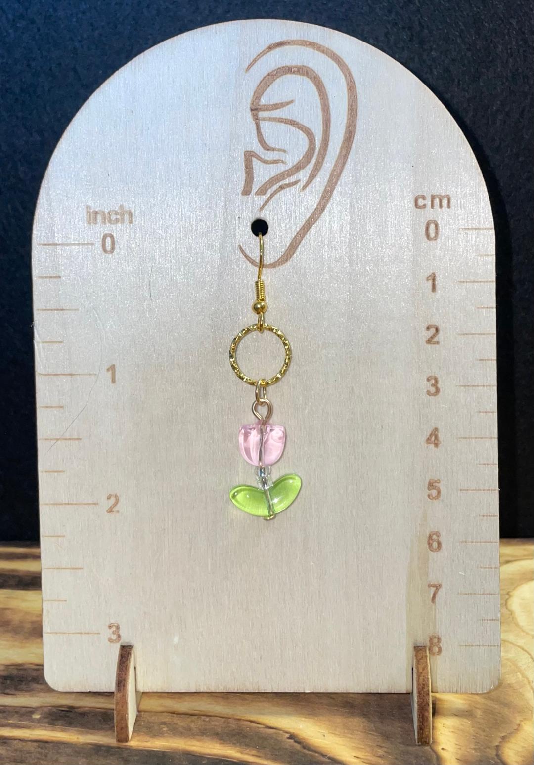 NEW Pink Glass Tulip Charm Earrings w/ Embossed Gold Jump Rings