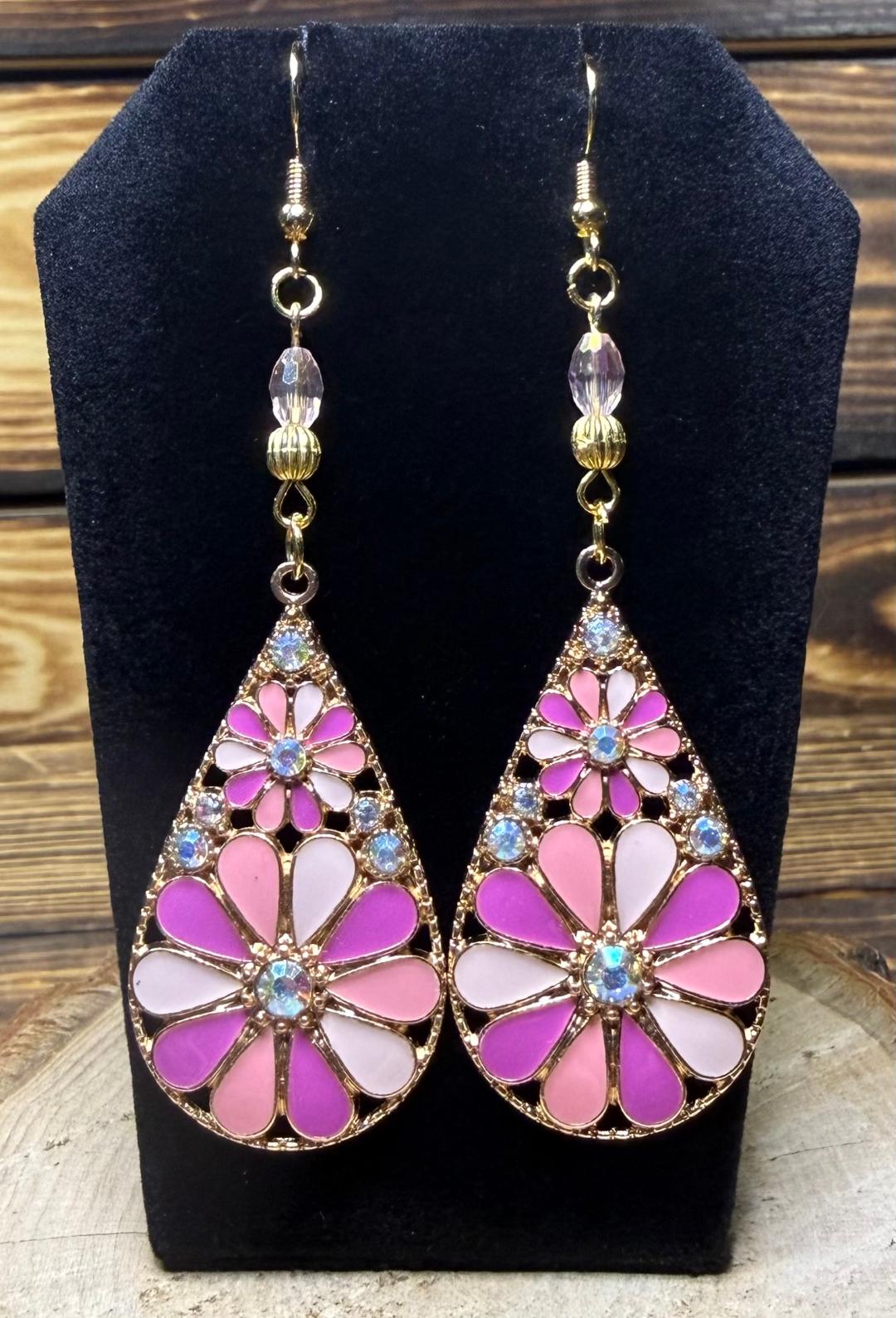 NEW Dramatic Large Pink Floral Enamel & Rhinestone Teardrop Earrings