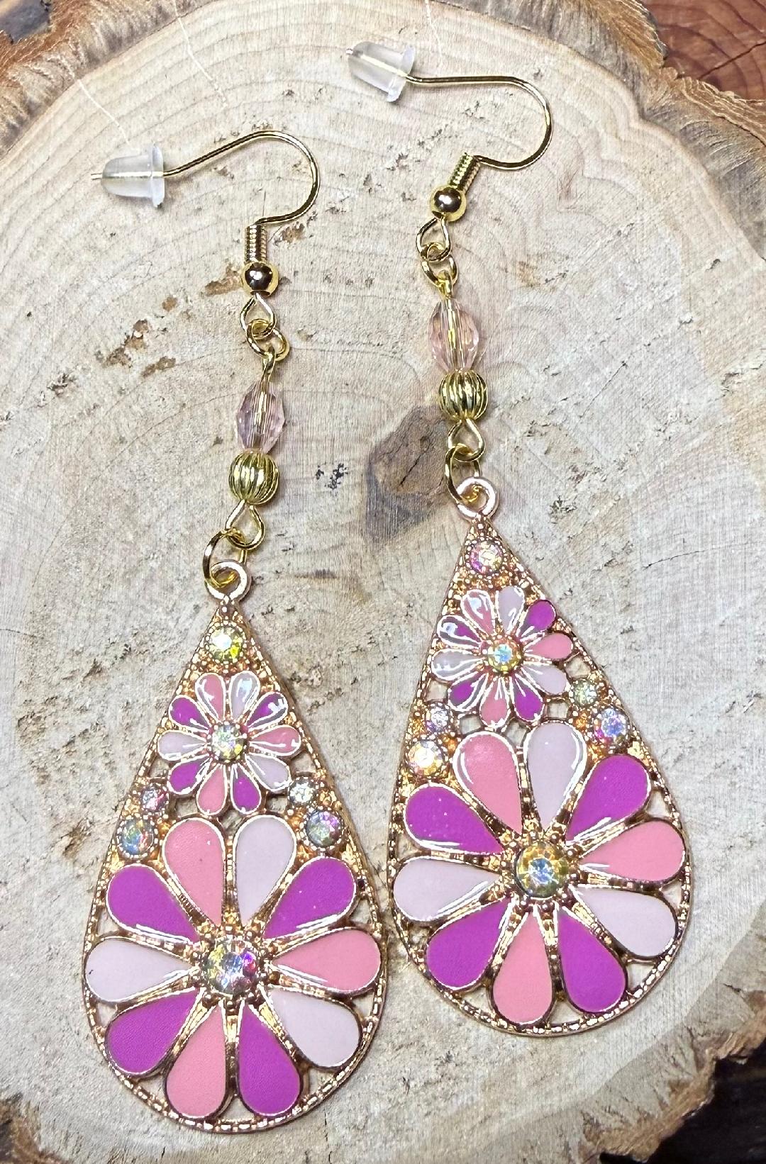 NEW Dramatic Large Pink Floral Enamel & Rhinestone Teardrop Earrings