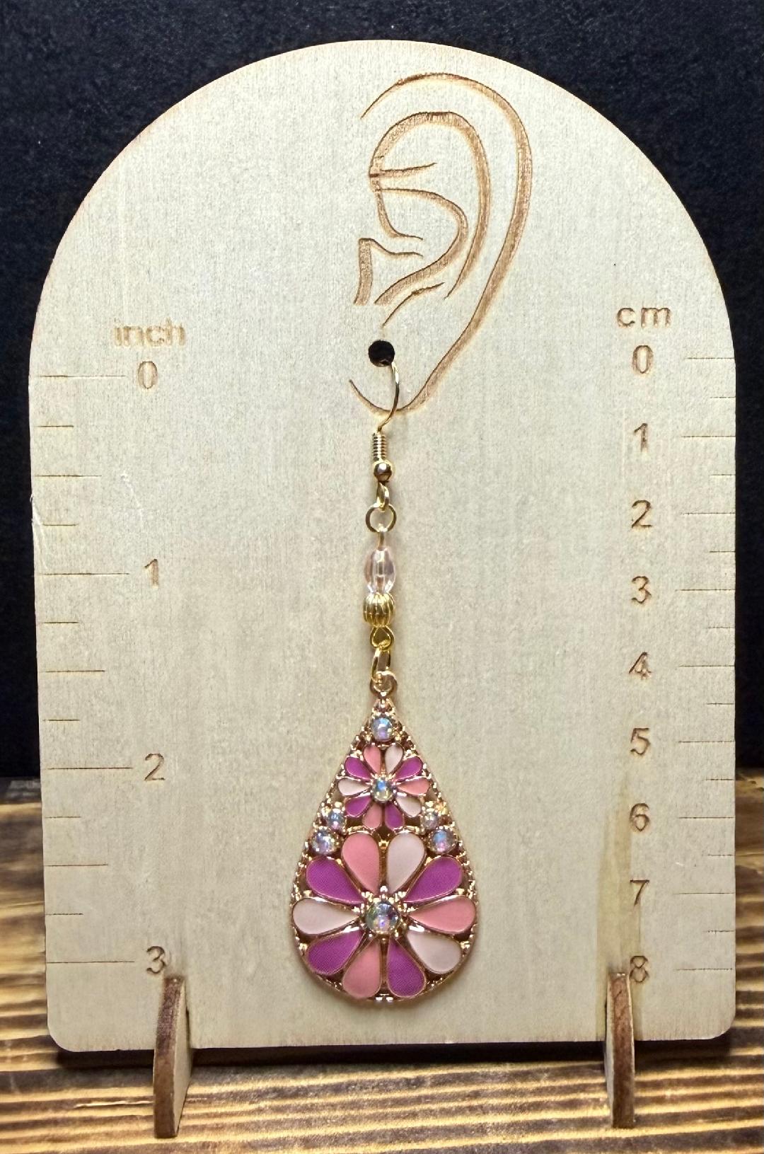 NEW Dramatic Large Pink Floral Enamel & Rhinestone Teardrop Earrings