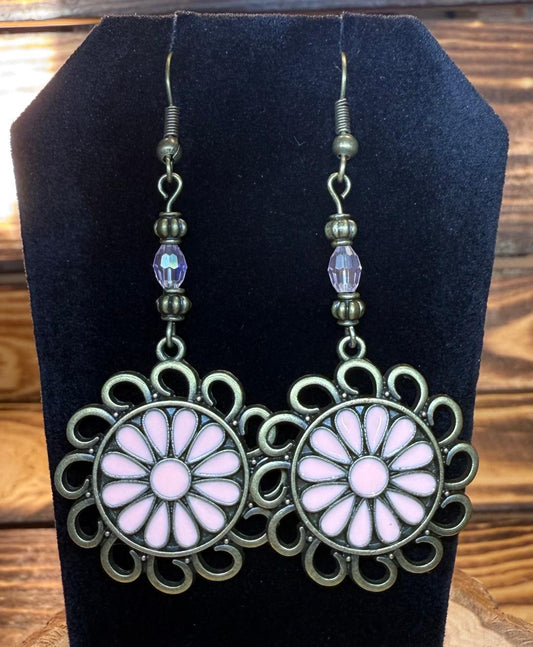 NEW Bronze Circle Charm Flower Earrings w/ Pink Enamel