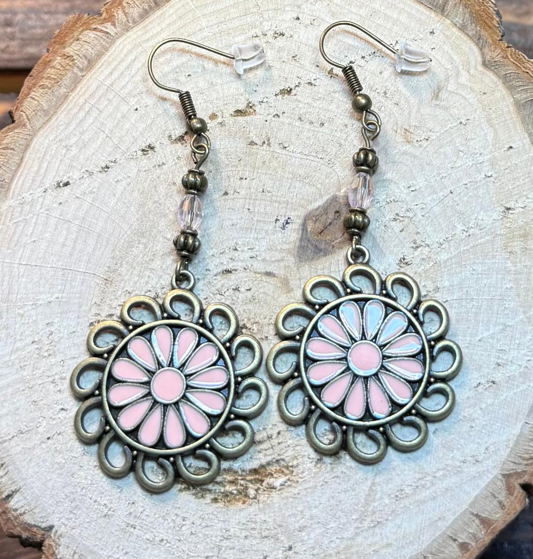 NEW Bronze Circle Charm Flower Earrings w/ Pink Enamel