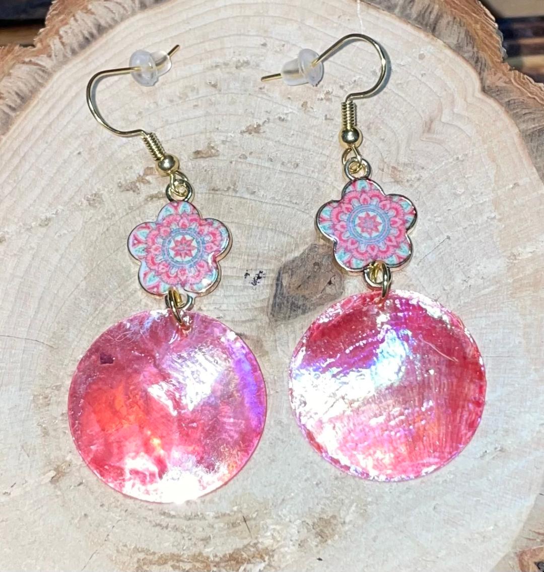 NEW Iridescent Natural Pink Shell & Mandala Charm Drop Earrings