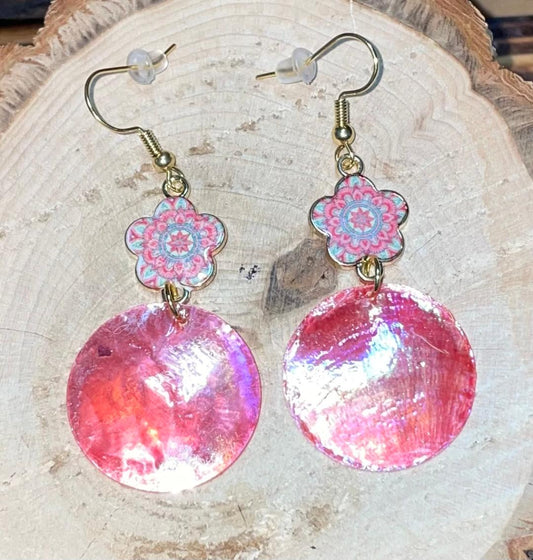 NEW Iridescent Natural Pink Shell & Mandala Charm Drop Earrings