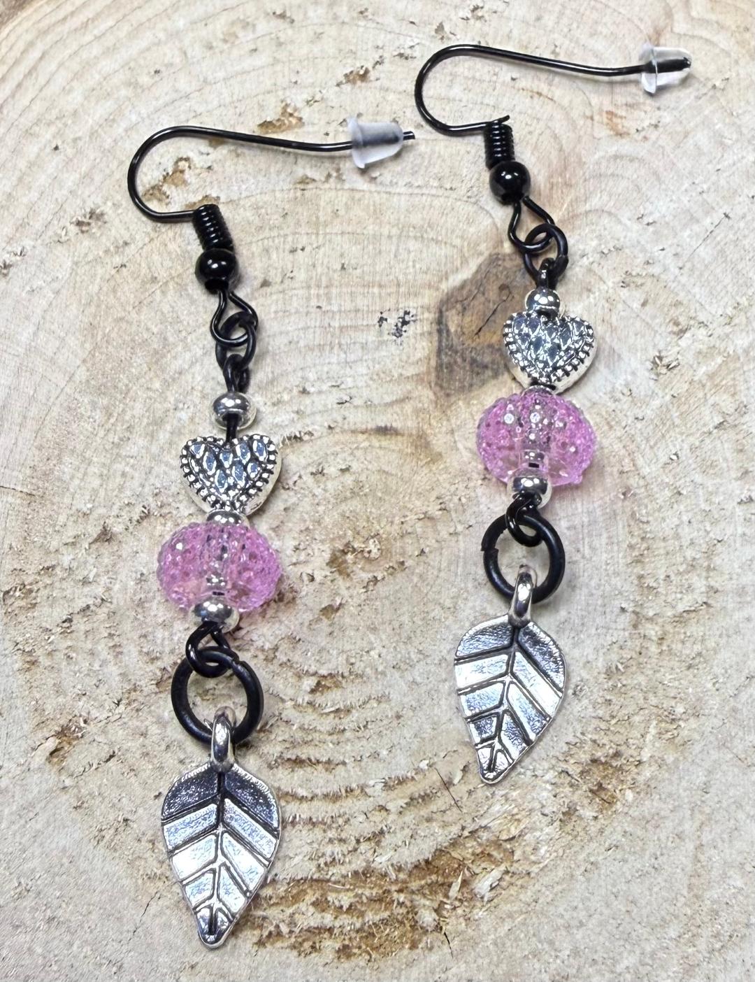 NEW Etched Heart & Leaf Earrings w/ Pink Beads