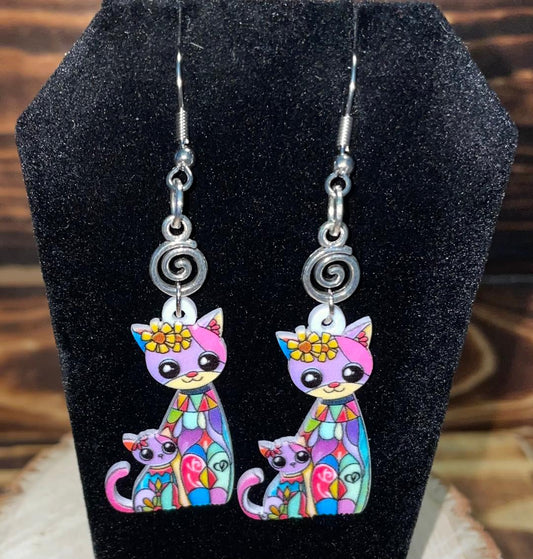 NEW Boho Acrylic Pink Purple Multicolor Cat Mommy & Kitten Earrings