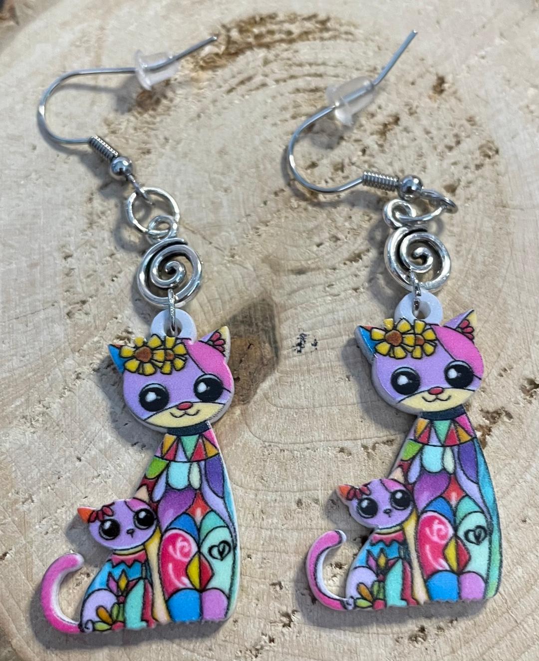 NEW Boho Acrylic Pink Purple Multicolor Cat Mommy & Kitten Earrings