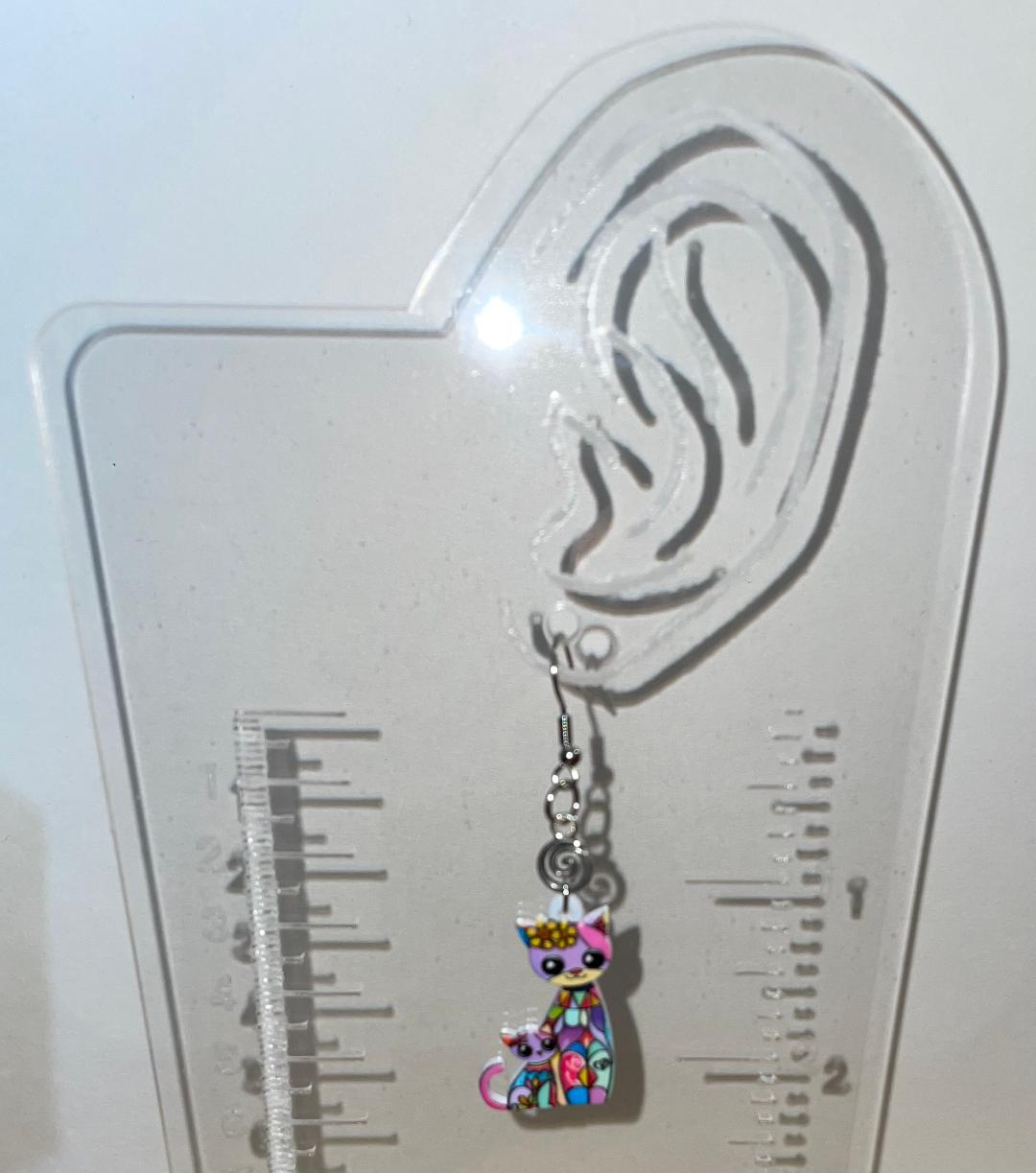 NEW Boho Acrylic Pink Purple Multicolor Cat Mommy & Kitten Earrings