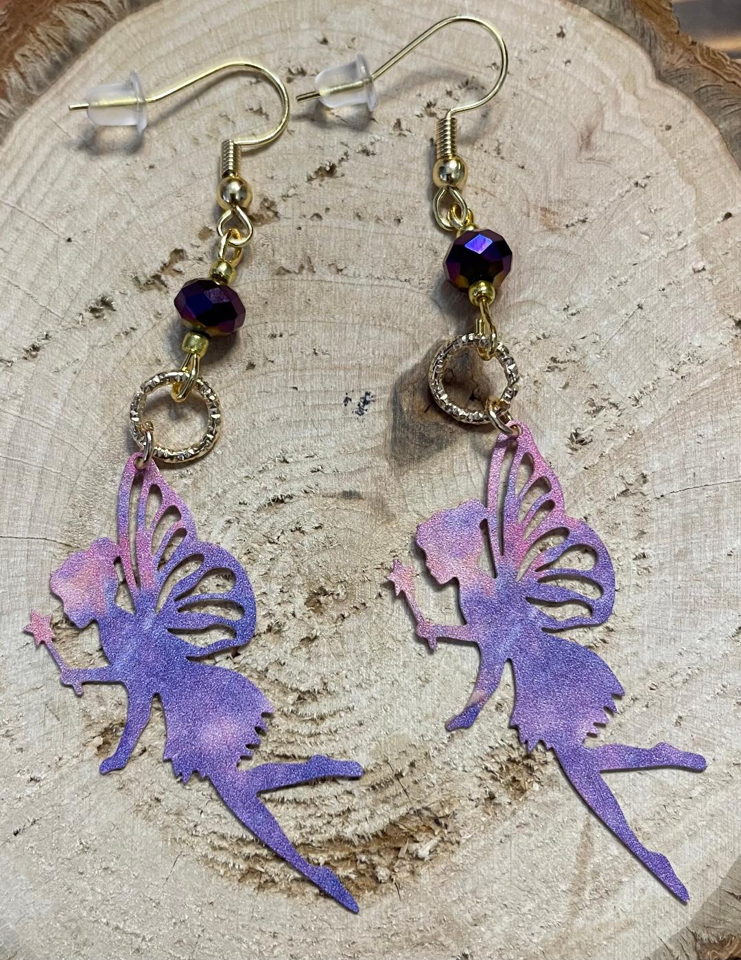 NEW Whimsical Pink & Purple Large Fairy Silhouette Earrings