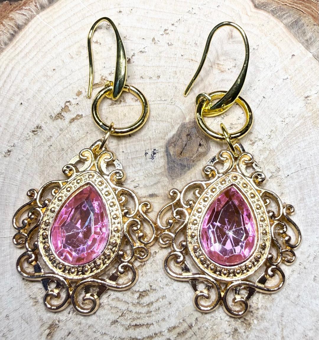 NEW Large Pink Stone Earrings in Filigree Setting