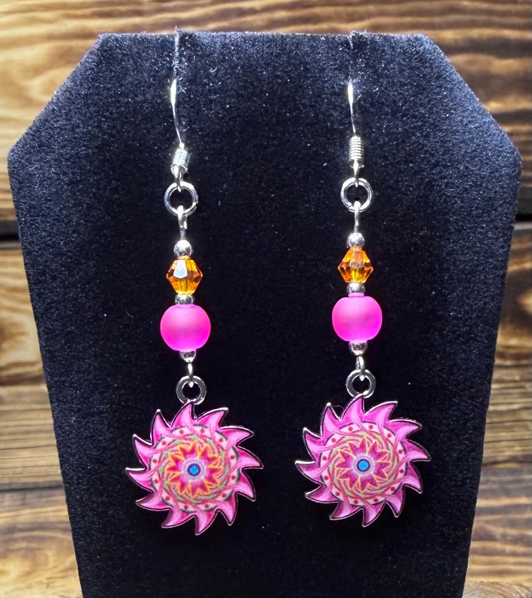 NEW Vibrant Hot Pink Sunburst Earrings w/ Glass Beads