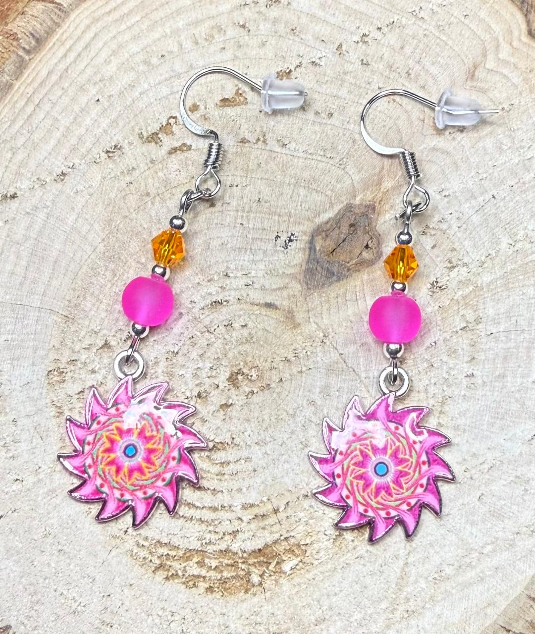 NEW Vibrant Hot Pink Sunburst Earrings w/ Glass Beads