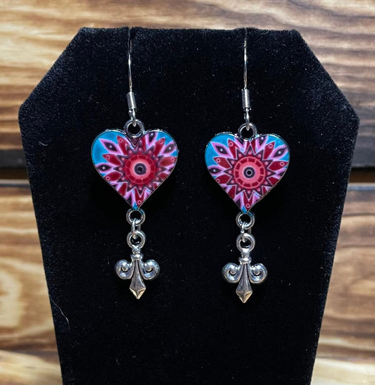 NEW Pink & Teal Enamel Heart w/ Fleur-de-Lis Charm Dangle Drop Earrings