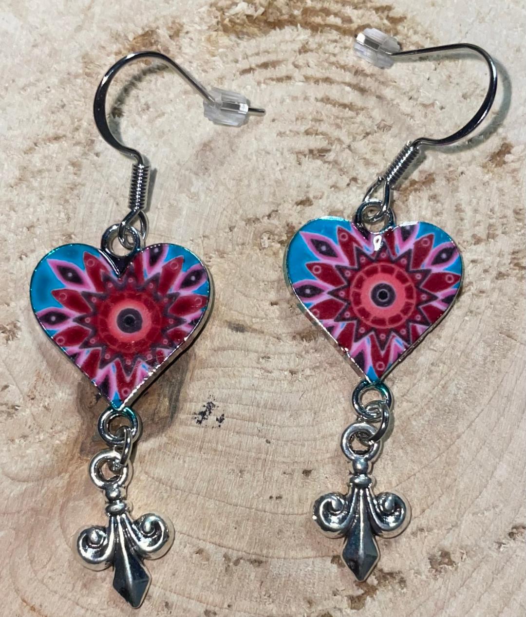 NEW Pink & Teal Enamel Heart w/ Fleur-de-Lis Charm Dangle Drop Earrings