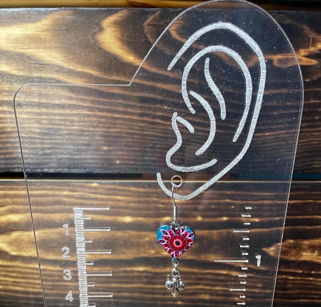 NEW Pink & Teal Enamel Heart w/ Fleur-de-Lis Charm Dangle Drop Earrings