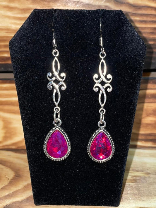 NEW Hot Pink Teardrop Rhinestone Silver Tone Drop Dangle Earrings