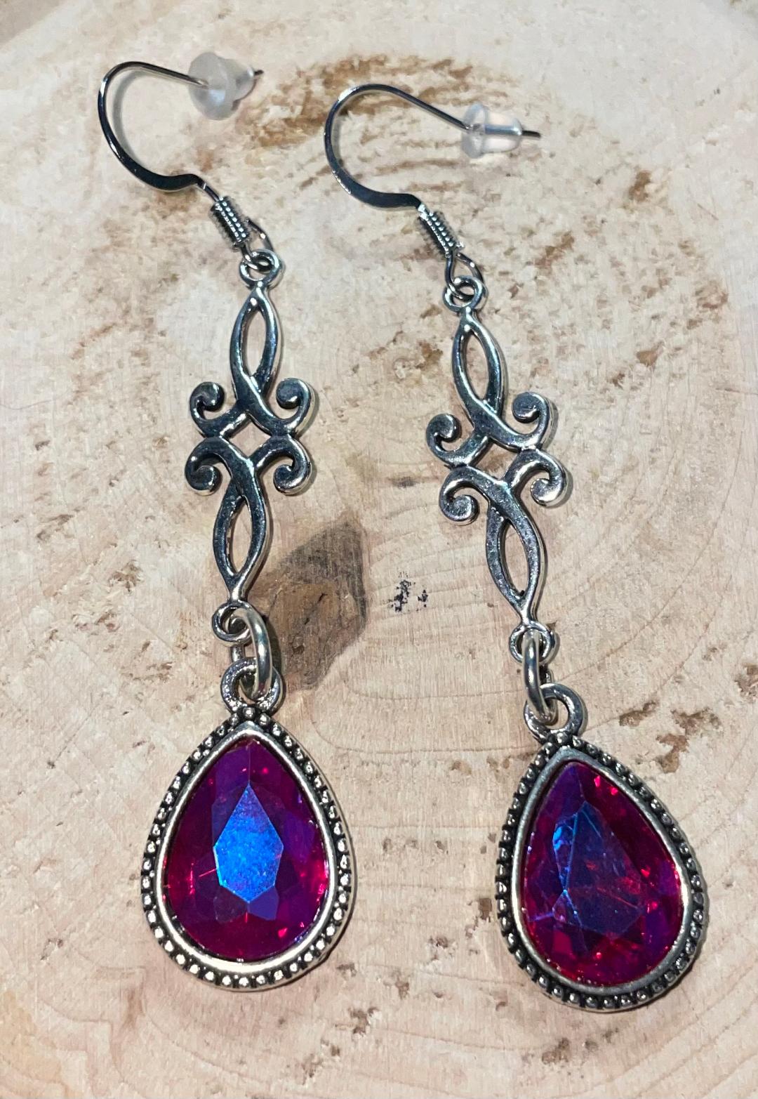 NEW Hot Pink Teardrop Rhinestone Silver Tone Drop Dangle Earrings