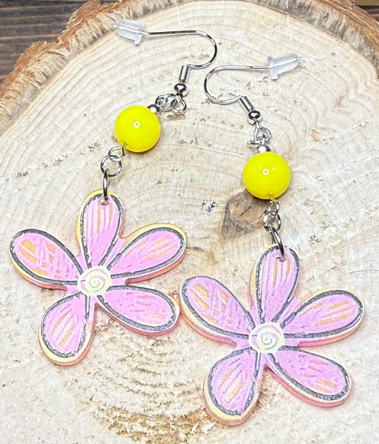 NEW Pink & Yellow Flower Earrings w/ Yellow Glass Beads