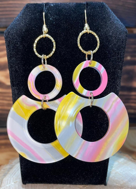 NEW Retro Pastel Pink, Yellow, Gray -  Double Circle Acrylic Earrings