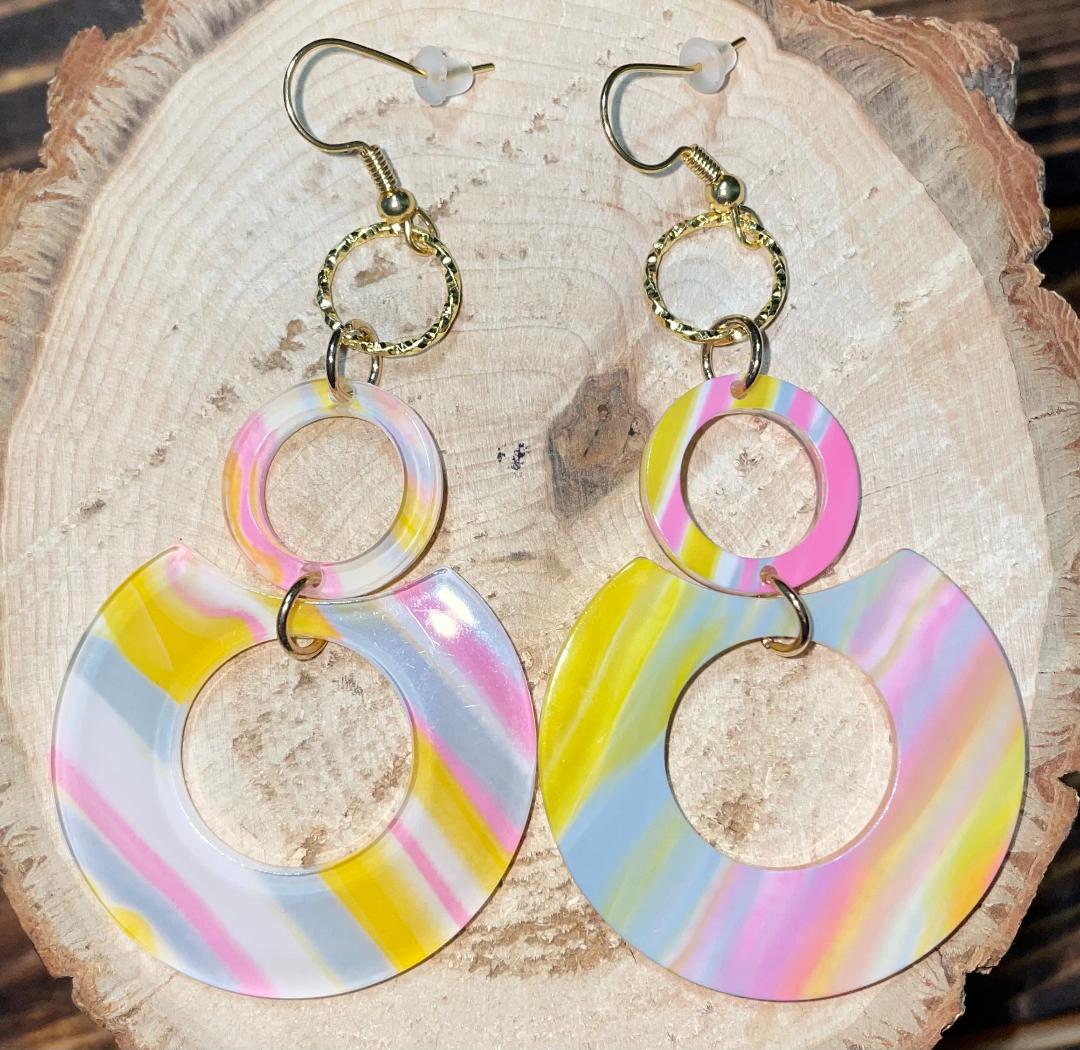 NEW Retro Pastel Pink, Yellow, Gray -  Double Circle Acrylic Earrings