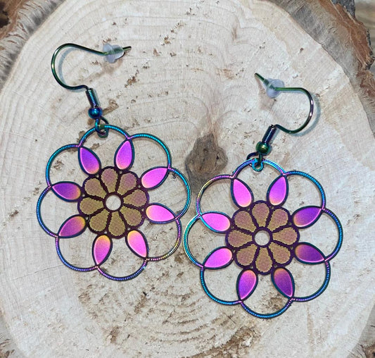 NEW Stainless Steel Laser Cut Pinwheel Rainbow Earrings
