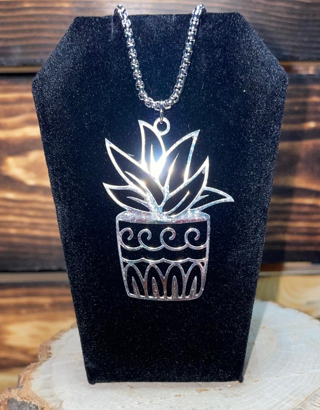 NEW Stainless Steel Aztec Potted Plant Stainless Steel Charm Necklace