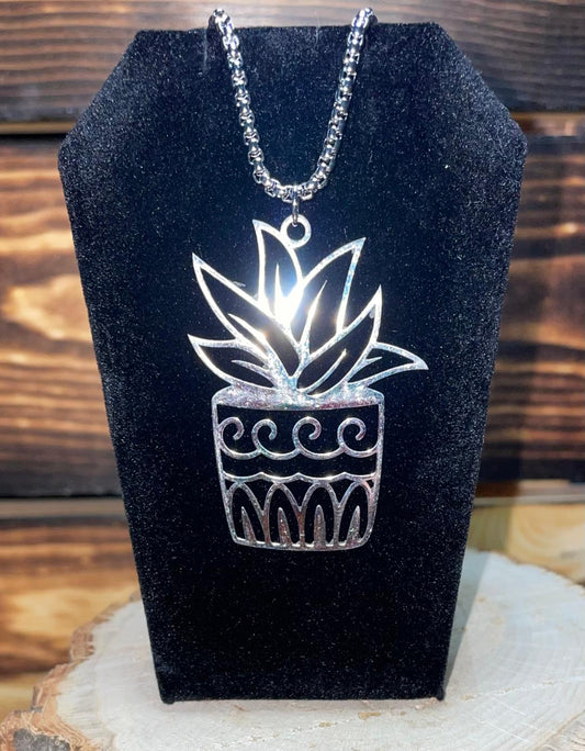 NEW Stainless Steel Aztec Potted Plant Stainless Steel Charm Necklace