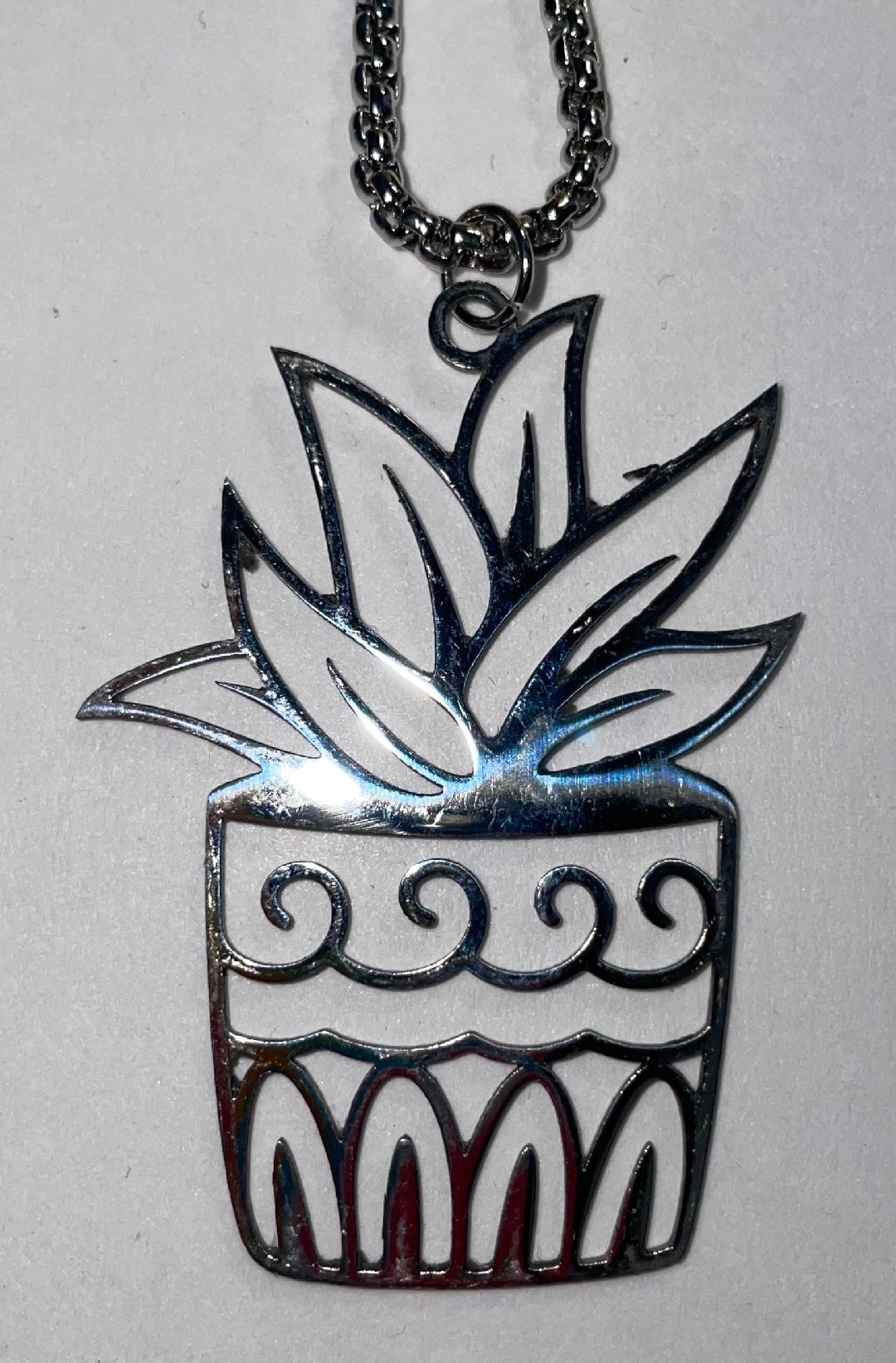 NEW Stainless Steel Aztec Potted Plant Stainless Steel Charm Necklace