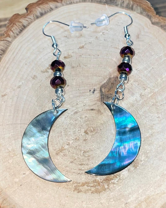 NEW Natural Black Lip Shell & Plum Bead Moon Earrings