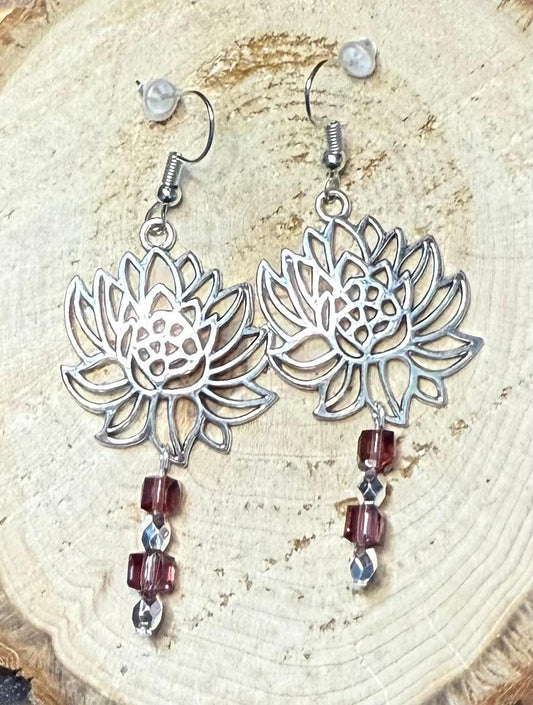 NEW Lotus Flower & Square Plum Glass Bead Earrings