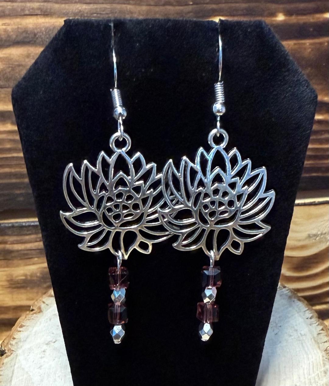 NEW Lotus Flower & Square Plum Glass Bead Earrings