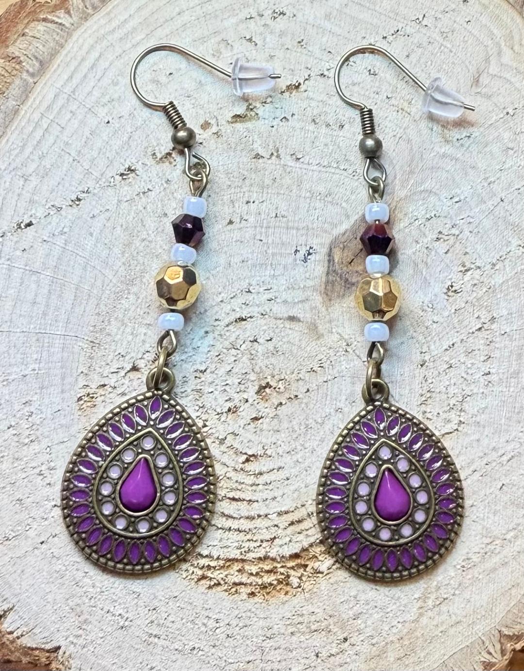 NEW Purple Enamel & Bronze Teardrop Earrings w/ Plum Beads