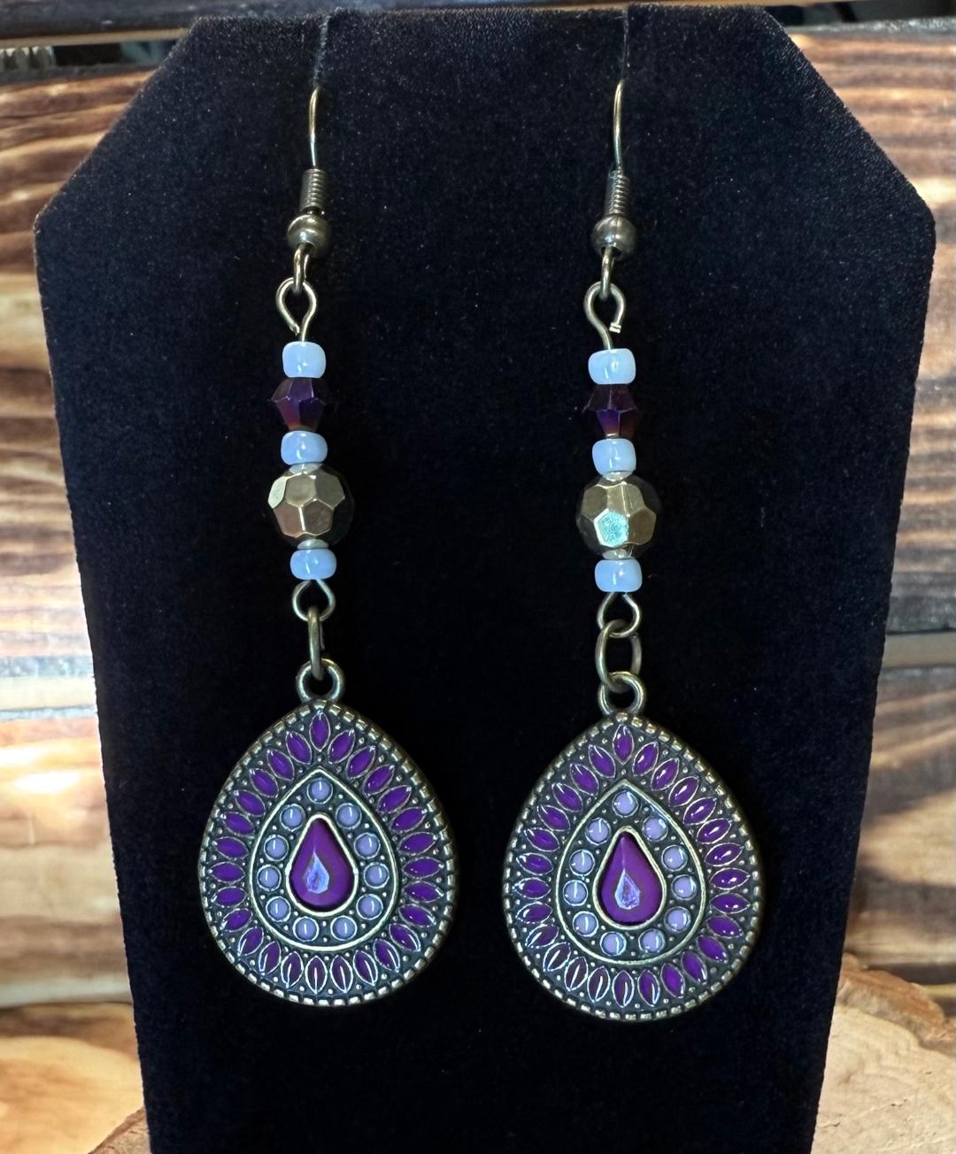 NEW Purple Enamel & Bronze Teardrop Earrings w/ Plum Beads