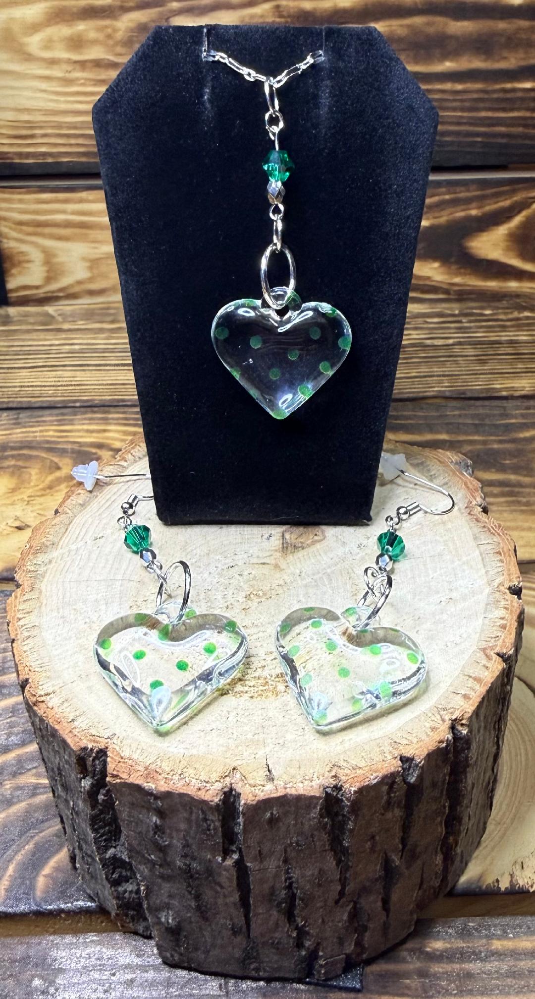 NEW Pretty Acrylic Polka Dot Heart Necklace & Matching Earrings w/ Glass Beads
