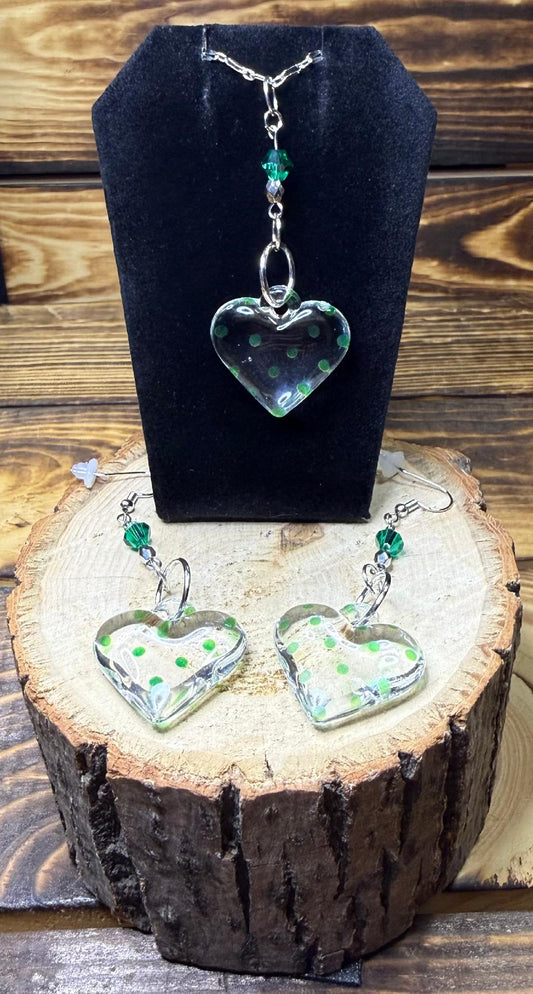 NEW Pretty Acrylic Polka Dot Heart Necklace & Matching Earrings w/ Glass Beads