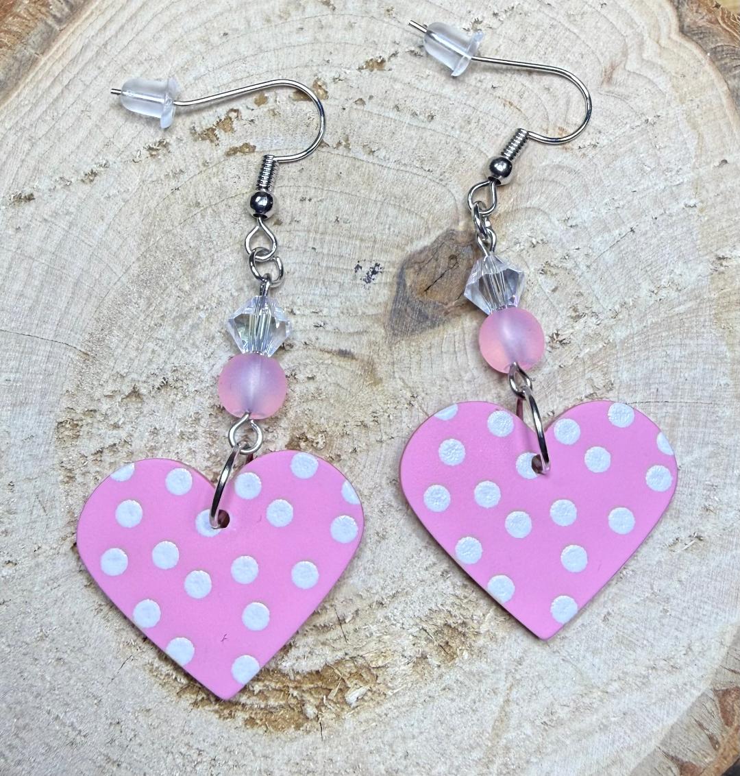 NEW Pink Polka Dot Heart Earrings with Frosted Glass Beads