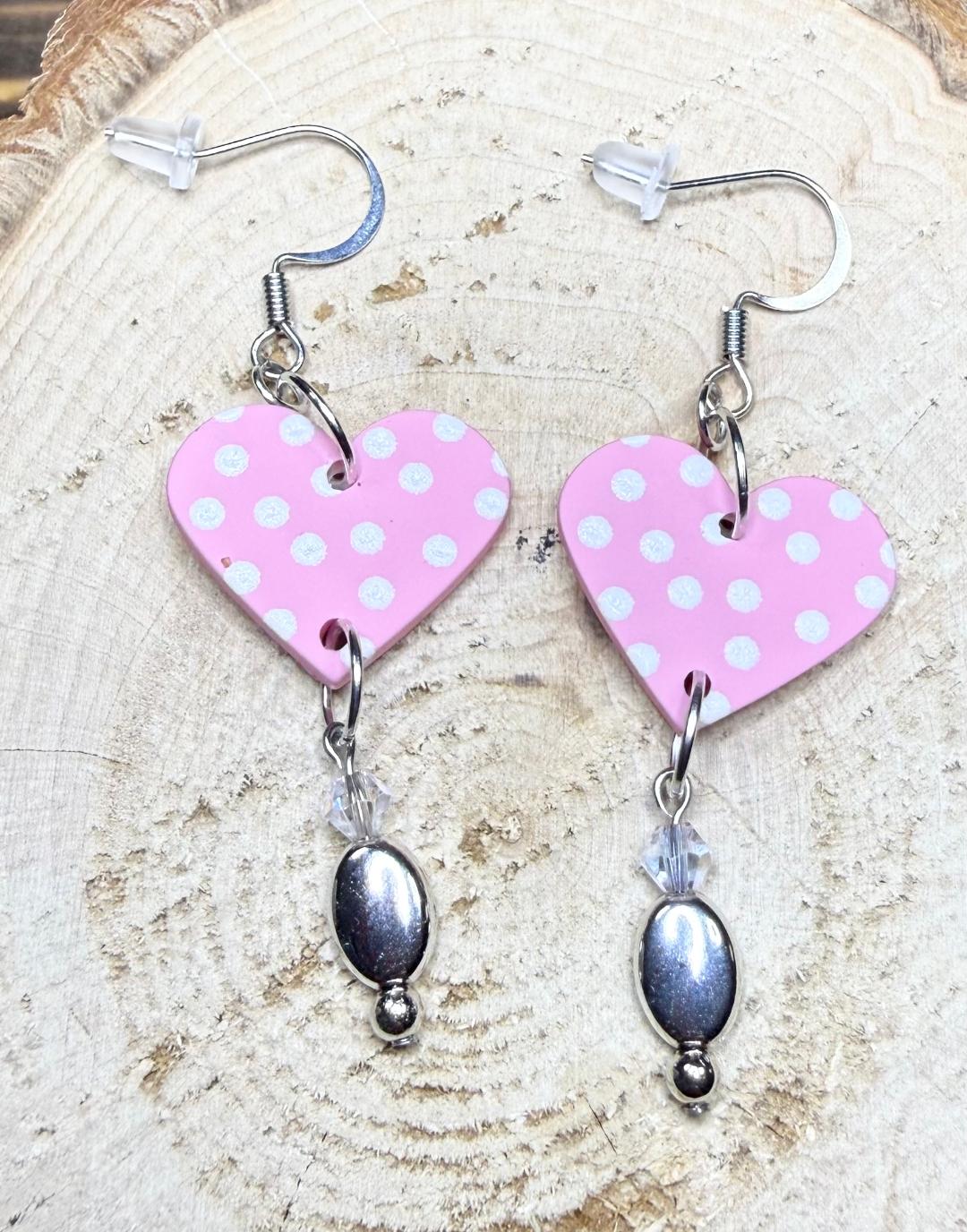 NEW Pink Polka Dot Heart Earrings with Frosted Glass Beads