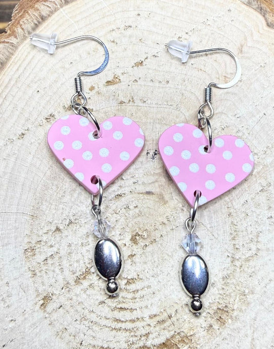 NEW Pink Polka Dot Heart Earrings with Frosted Glass Beads