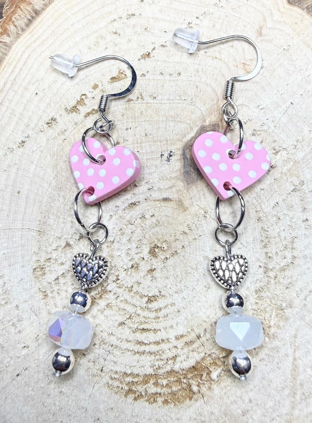 NEW Pink Polka Dot Heart Earrings with Filigree & Glass Beads