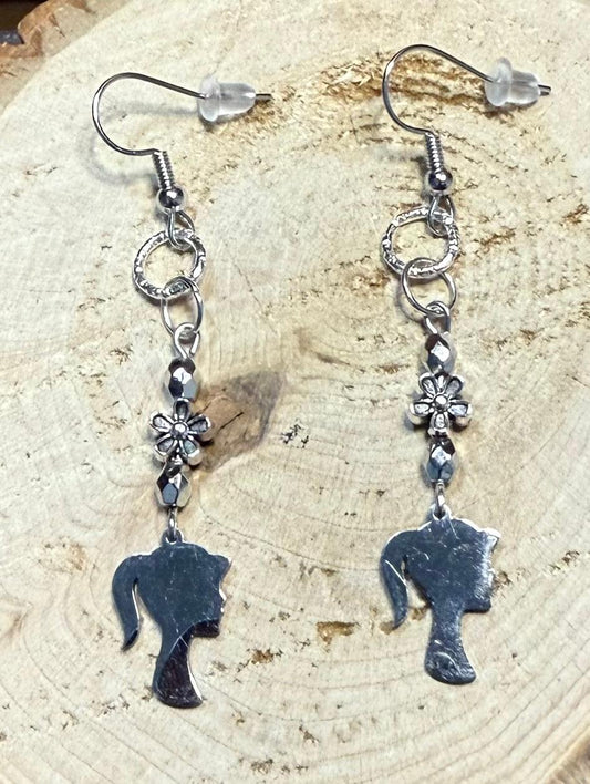 NEW Stainless Steel Ponytail Girl Charm w/ Flower Bead Earrings