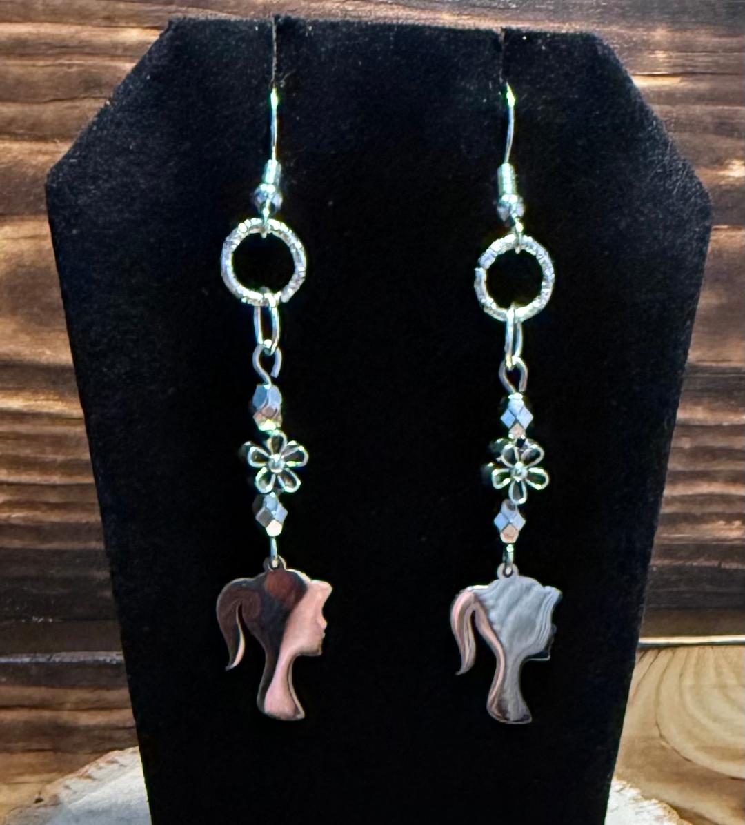 NEW Stainless Steel Ponytail Girl Charm w/ Flower Bead Earrings