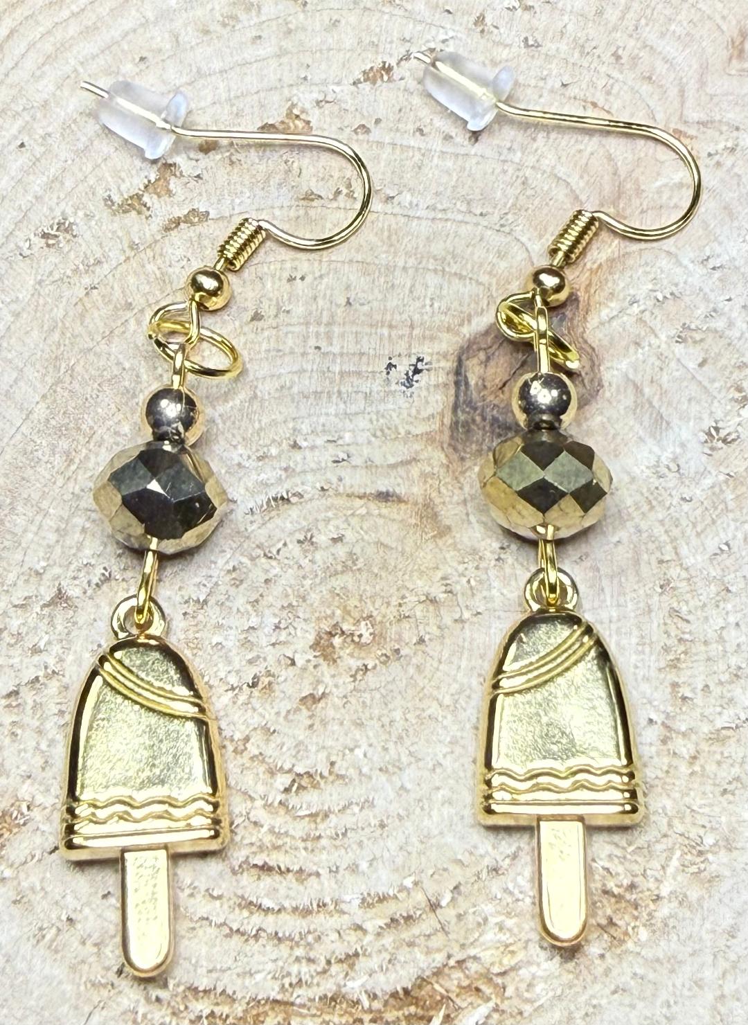 NEW Gold Stainless Steel Popsicle Charm Earrings w/ Gold Glass Beads