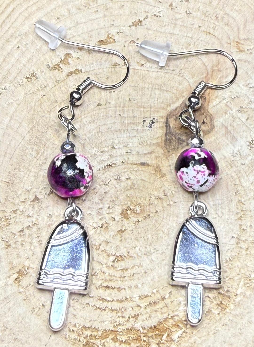 NEW Silver Stainless Steel Popsicle Charm Earrings w/ Stone Splatter Beads