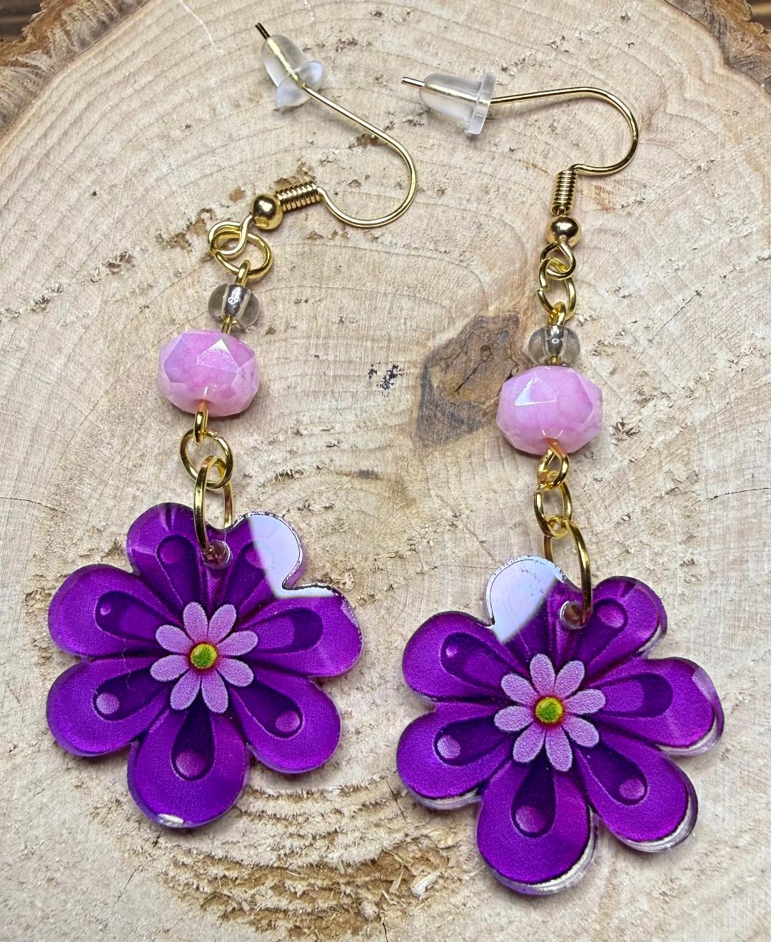 NEW Shiny Purple Acrylic Flower Charm Earrings w/ Pink Glass Beads