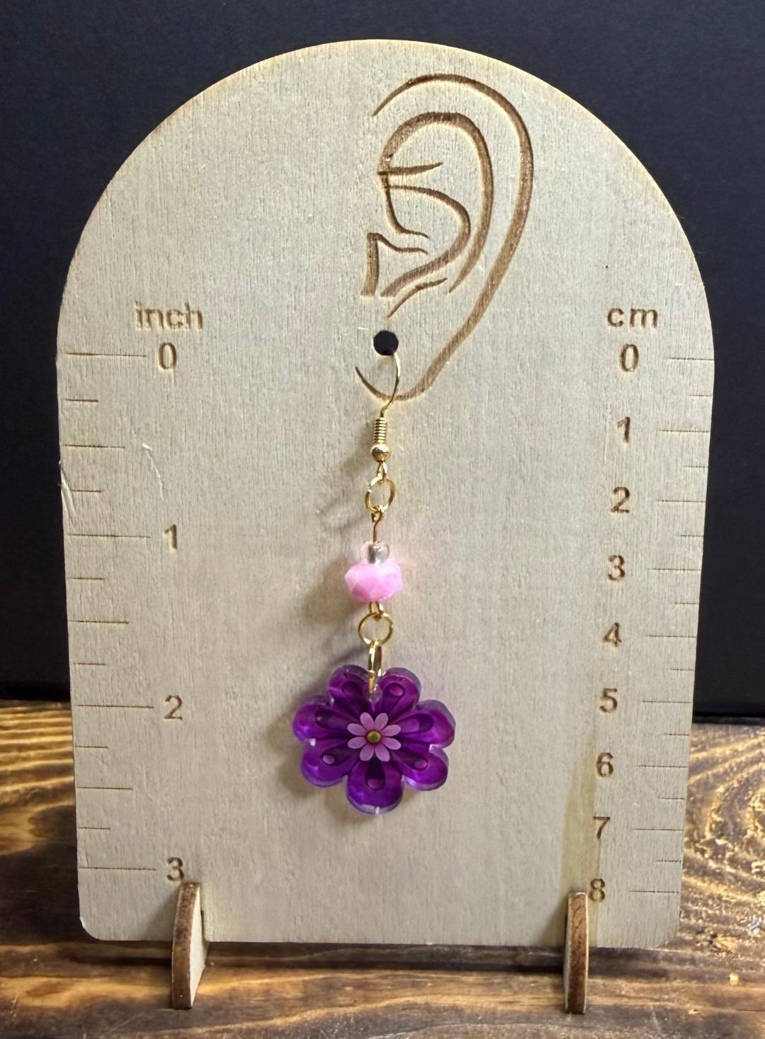NEW Shiny Purple Acrylic Flower Charm Earrings w/ Pink Glass Beads