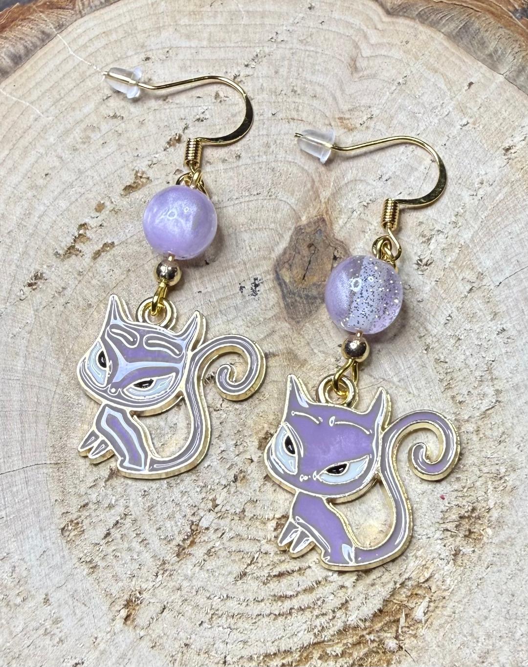 NEW Purple Retro Atomic Sassy Cat Earrings w/ Purple Glitter Glass Beads