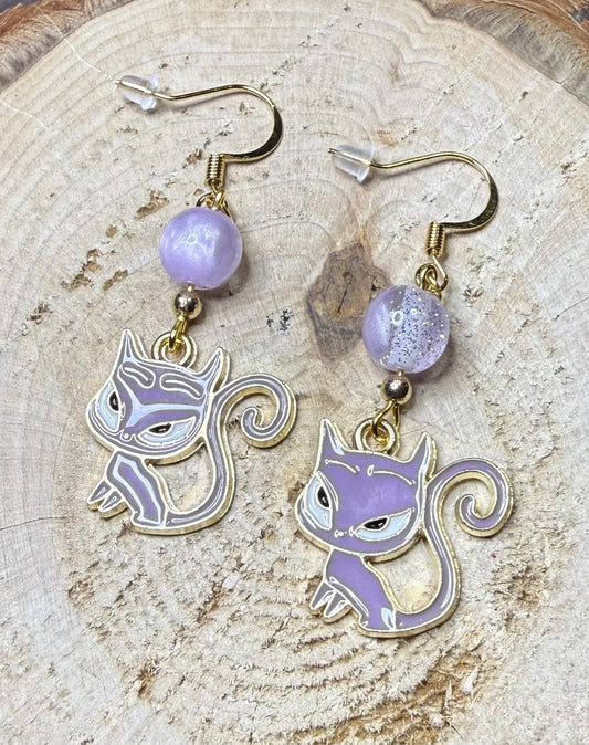 NEW Purple Retro Atomic Sassy Cat Earrings w/ Purple Glitter Glass Beads