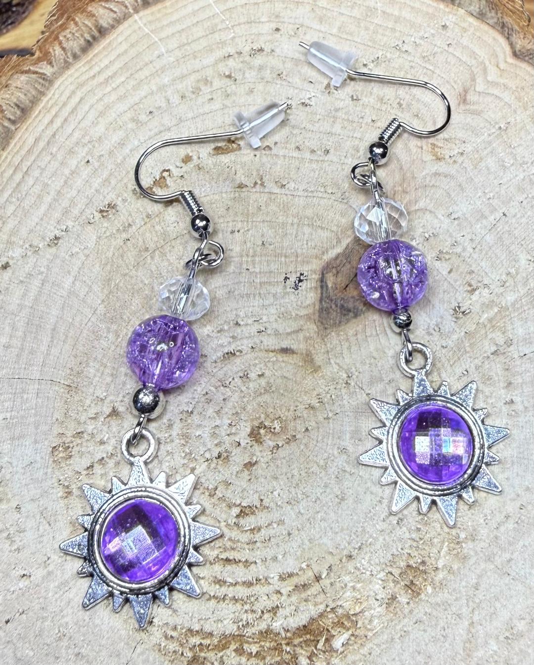 NEW Purple Center Sunburst Earrings w/ Crackle Glass Beads